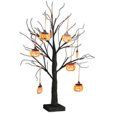 Halloween decorative tree with hanging jack-o'-lantern lights on a white background